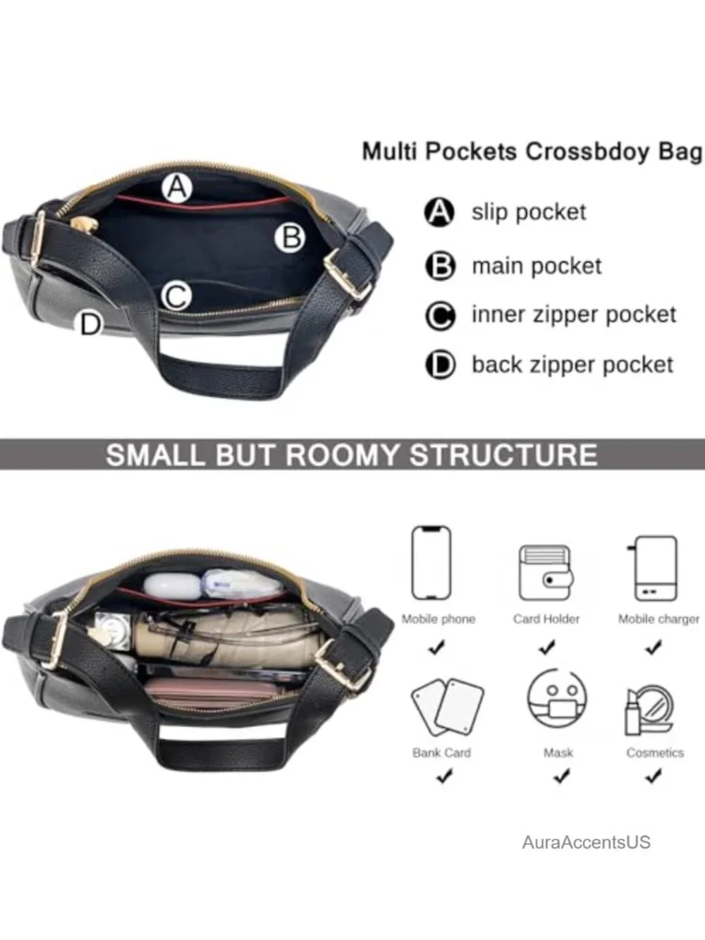 Small Crescent Hobo Shoulder Bag Vegan Leather Crossbody Purse